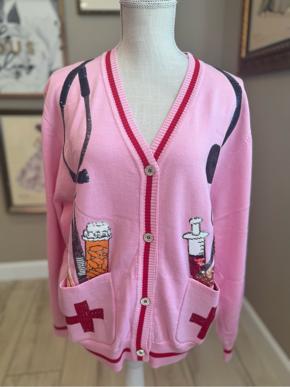 New! QUEEN OF SPARKLES Pink Sequin Medical Supply VβNeck Cardigan - Picture 3 of 10